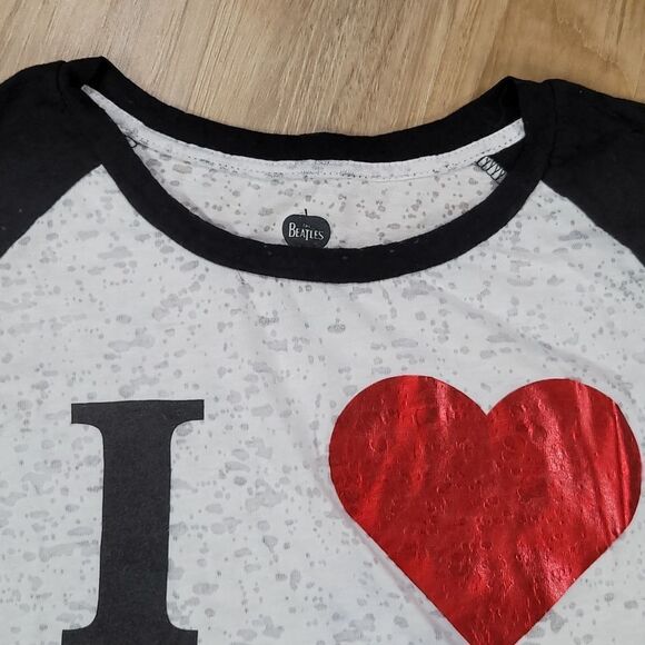 🔹️I ❤ Beatles White w/Black Burnout Baseball Sleeve Top Large - Picture 3 of 8